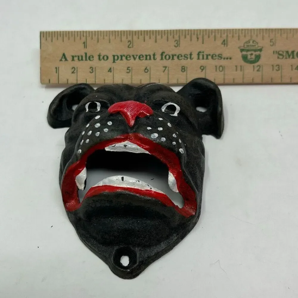Vtg Bulldog Bottle Opener Cast Iron Wall Mount Bar Decor Pitbull Dog Mask 4